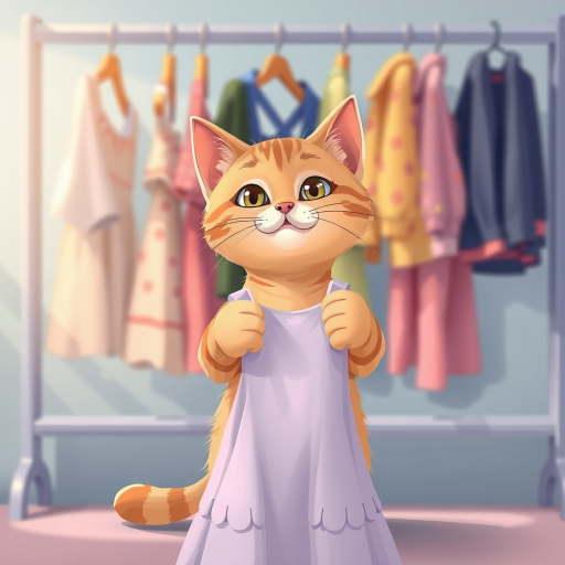 illustration of a cat holding a dress in front of a clothes rack with various outfits, soft focus, natural lighting, 50mm lens, aperture f/2.8, DSLR camera, high-resolution vector style