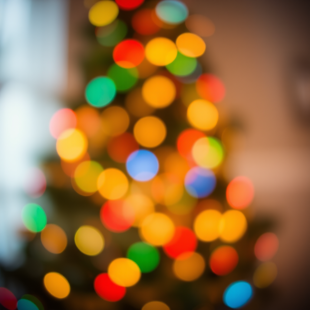 Create an abstract image of a softly blurred Christmas tree with colorful lights in various shades of red, green, blue, and yellow, creating a warm and festive atmosphere. The background should suggest a cozy holiday setting with a gentle bokeh effect.
