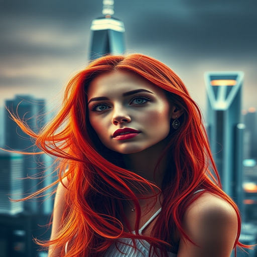 Portrait of a woman with flowing red hair against a futuristic city skyline, captured using a DSLR camera at 50mm focal length, f/1.8 aperture, ISO 100, soft lighting for enhanced details and vibrant colors, with a slightly blurred background to highlight the subject.
