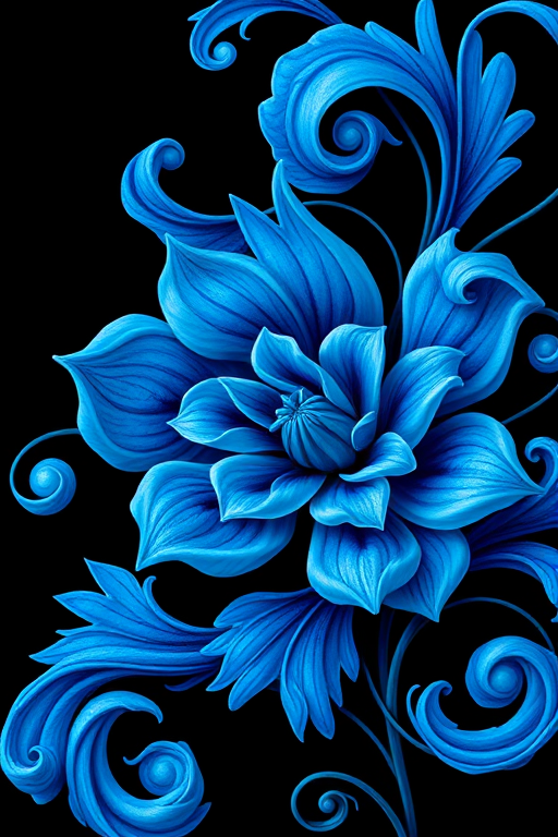 Create a highly detailed and vibrant blue floral design with swirling patterns, on a black background, captured using a Canon EOS R5, 50mm f/1.2 lens, f/8 aperture, ISO 100, with soft diffused lighting to enhance texture and color depth.