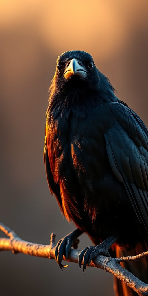 a detailed close-up of a crow perched on a branch during golden hour, DSLR camera, aperture f/4, ISO 200, shutter speed 1/500s, natural light, high-resolution, sharp focus on feathers and eyes