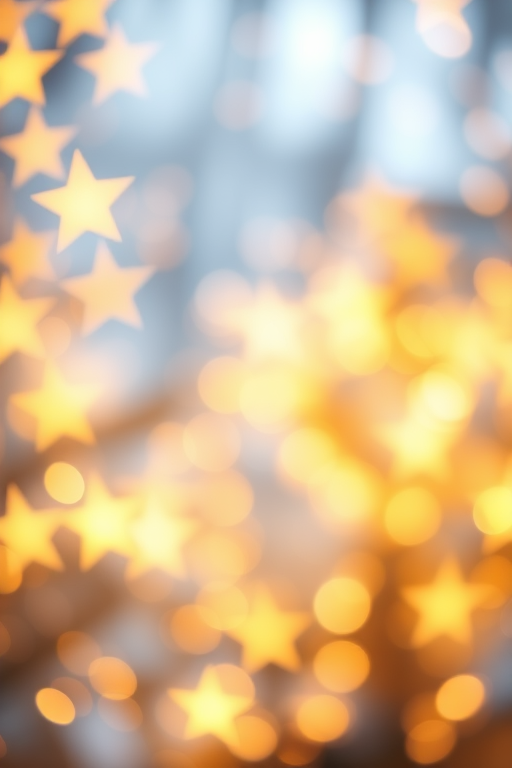Create a festive background featuring glowing stars and shimmering bokeh lights in warm gold and soft blue tones. The scene should evoke a magical and celebratory atmosphere, perfect for a holiday or special occasion. Include a mix of star shapes and soft orbs of light, softly blurred to create depth and a dreamy effect.
