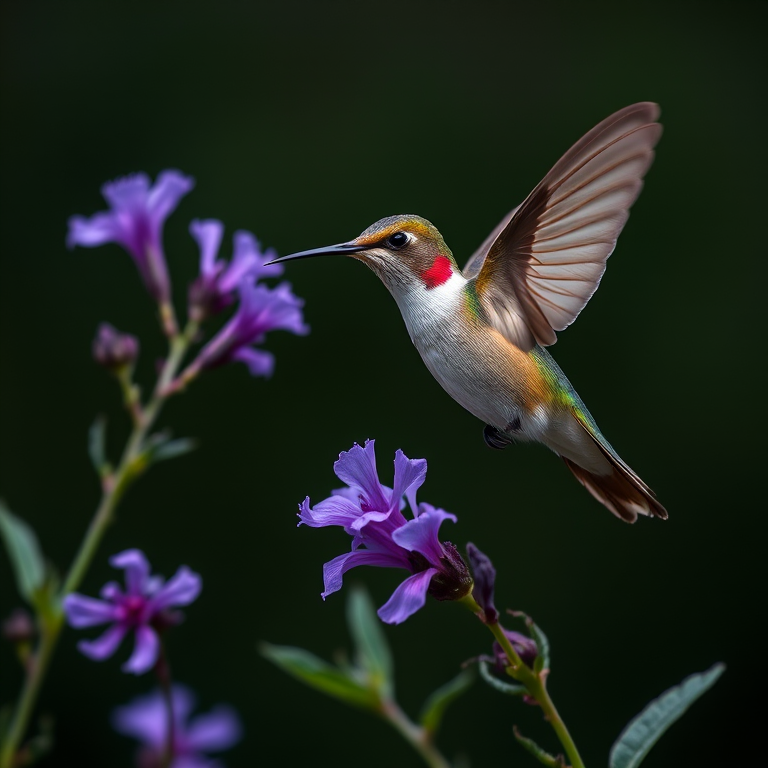 hummingbird hovering near purple flowers with a dark background, macro lens, f/2.8 aperture, 1/1000s shutter speed, ISO 400, soft focus effect, high dynamic range imaging, shot with a DSLR camera