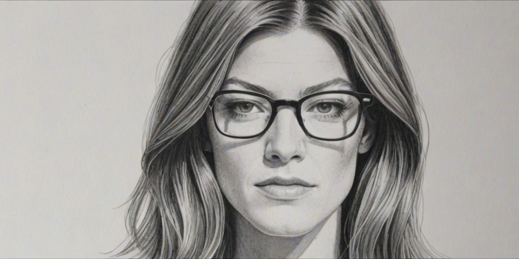 Dazzling Jennifer Carpenter, pencil sketch, portrait of Enticing woman 1971s in glasses, hair style beatnik, outline, clear lines, fine lines, 8k