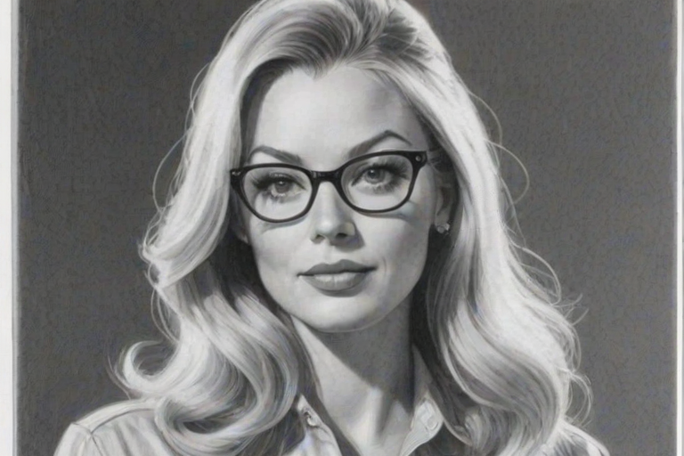 Elegant Charlotte Ross, pencil sketch, portrait of Elegant woman 1962s in glasses, hair style beatnik, outline, clear lines, fine lines, 8k