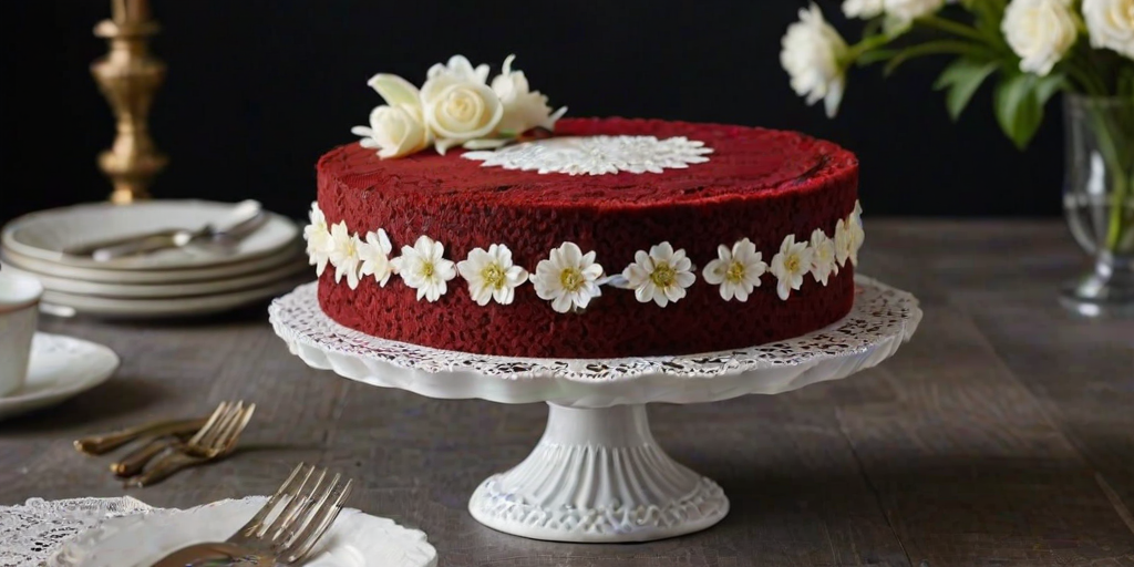 Generate an image of a beautifully decorated red velvet cake on a vintage cake stand. The cake should have a swirl design, showcasing white cream filling. Surround the cake with delicate white flowers and a lace doily. The background should be dark and moody to enhance the cake's vibrant color.