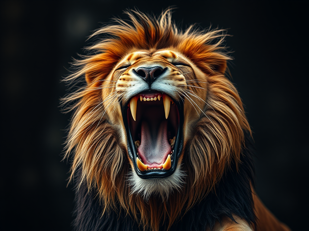 Create a high-resolution image of a roaring lion with dynamic swirling effects, shot from a low angle using a DSLR camera, aperture f/2.8, ISO 100, shutter speed 1/500s, and a 50mm lens to enhance detail and contrast.