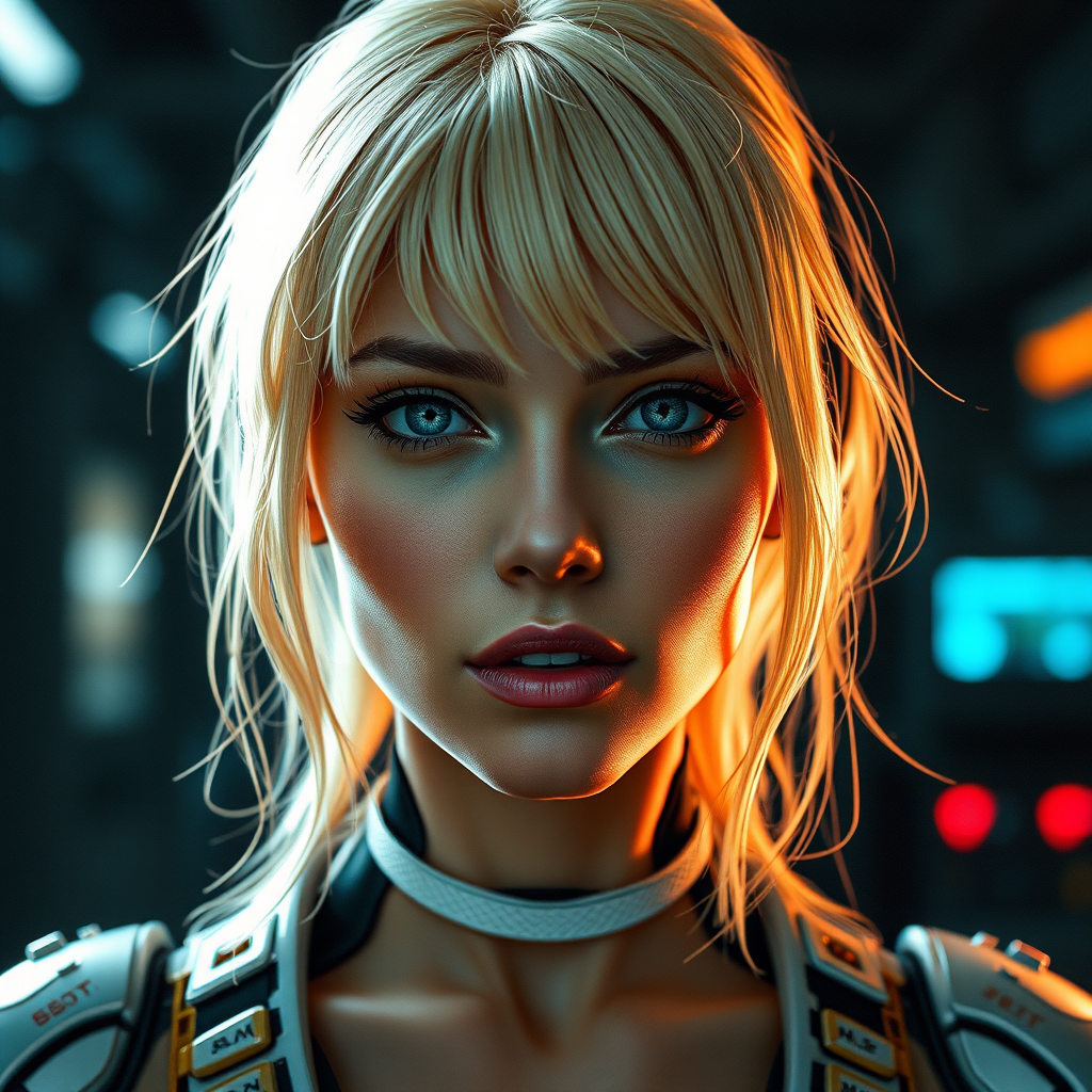front view portrait of a blonde cybernetic woman in a cyberpunk setting