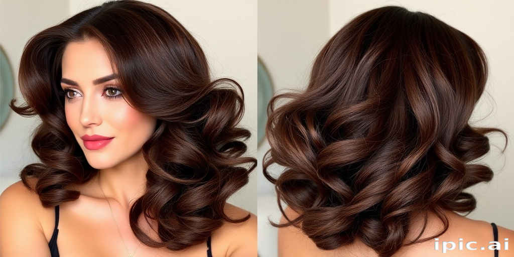 Luscious chocolate brown locks styled in voluminous vintage curls, called "Cocoa Velvet," boast a rich, glossy sheen and perfectly sculpted waves reminiscent of old Hollywood glamour, framing the face beautifully and ending just below the collarbone