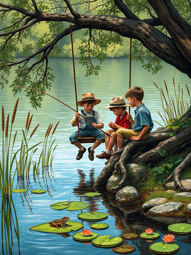 Imagine a small group of old fashioned young boys out fishing by the creek, a swing hanging from a tree branch, reeds and grasses by the water's edge, a frog sitting on a lily pad, dragonflies hovering over som water plans, a very iconic old fashioned scene reminiscent of a Norman Rockwell painting style