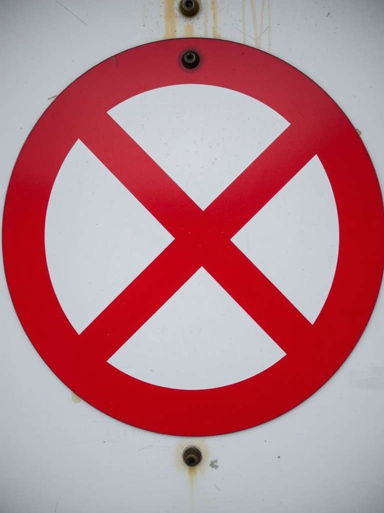 Create a high-resolution image of a circular red prohibition sign with a bold diagonal line through it, shot with a full-frame DSLR camera at f/8 aperture, ISO 100, 50mm lens, and a soft focus background for depth.