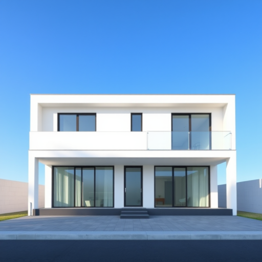 Create a high-resolution vector illustration of a minimalist house design with a flat roof and large windows, captured with a Canon EOS R5, 35mm lens, aperture f/8, ISO 100, and a slightly elevated view to emphasize the structure against a clear blue sky.