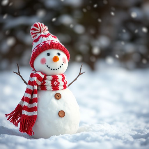 Winter scene featuring a cheerful snowman with a red and white striped scarf and a knitted hat, standing in freshly fallen snow, captured with a DSLR camera, 50mm lens, f/1.8 aperture, ISO 100, natural light, shallow depth of field for a soft background bokeh effect.