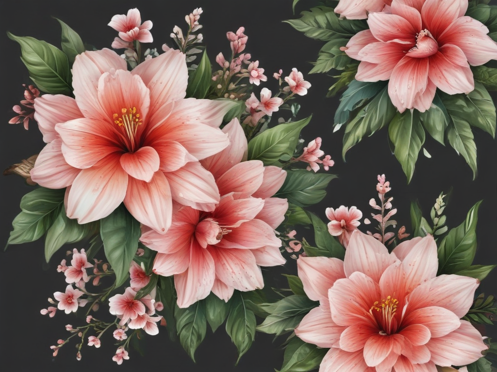 Beautiful Arrangement of Pink Flowers with Lush Green Leaves on Dark ...
