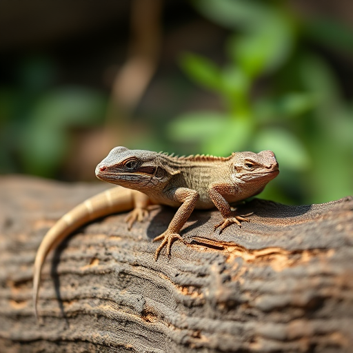 Shot of a detailed lizard resting on a textured log in a naturalistic setting, using a Canon EOS 5D Mark IV, 50mm lens, f/2.8 aperture, ISO 200, shutter speed 1/125s, soft natural lighting for enhanced texture and color.