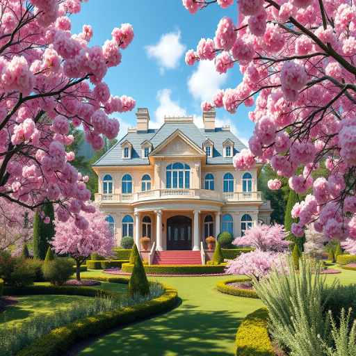 highly detailed illustration of a luxurious mansion surrounded by blooming cherry blossom trees and lush greenery, captured using a Canon EOS R5 with a 24-70mm f/2.8 lens, aperture f/8, ISO 100, shot in natural light, wide angle view to emphasize the grandeur of the architecture and vibrant colors of the garden