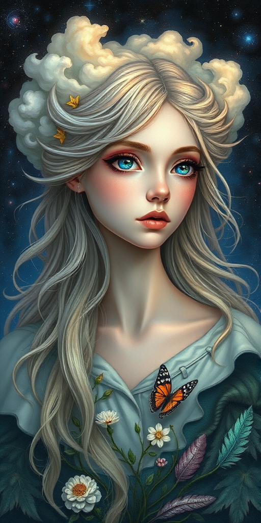 Create a series of imaginative portraits where each subject is infused with elements of fantasy and nature. The hair of the individuals should flow like clouds, varying from soft, fluffy cumulus to wispy cirrus strands, with hints of color reflecting a sunset or a clear blue sky. The eyes should be windows to entire galaxies, with stars, nebulae, and distant planets visible within them. Clothing should be adorned with nature motifs, such as floral patterns that bloom and change, vines that seem to grow and wrap around, or feathers that shimmer with iridescence. Each portrait should capture a unique personality, blending human features with the ethereal beauty of the natural and cosmic world. The backgrounds can vary, from starry night skies to enchanted forests, adding depth and context to the magical realism of the portraits