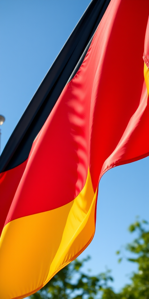 Create a vibrant and high-resolution image of the German flag with the following settings: camera type - DSLR, camera style - landscape, camera view - straight on, aperture - f/8, shutter speed - 1/250s, ISO - 100, lighting - bright daylight.