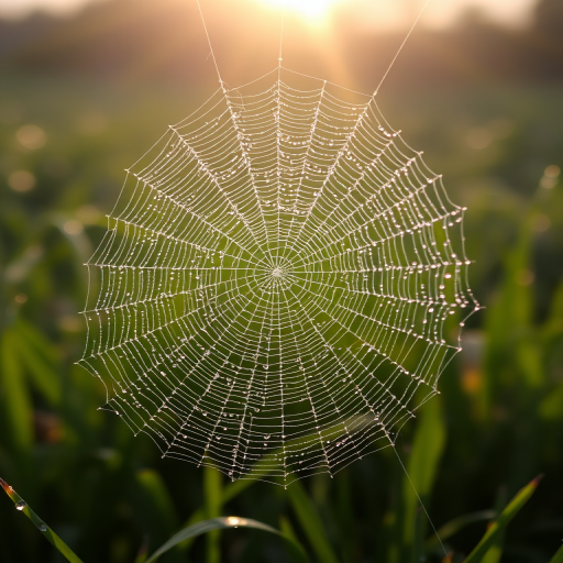 Sharp, high-resolution photo of a dew-covered spider web in the early morning, tiny water droplets glistening in the sunlight, soft focus on the surrounding grass, and the feeling of quiet serenity.