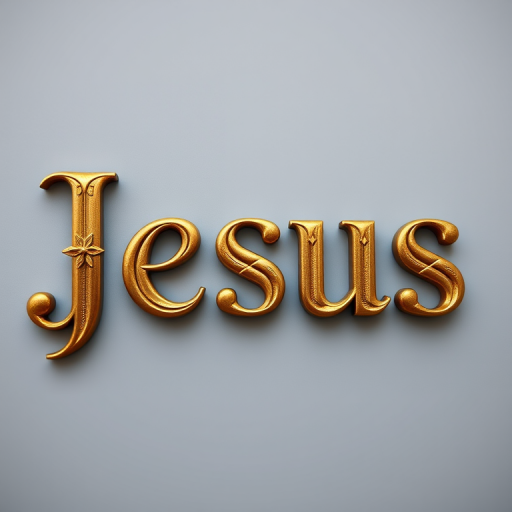 Create a high-resolution image of the word "Jesus" in ornate golden lettering with intricate details, using a Canon EOS R5 camera, 50mm lens, f/1.8 aperture, ISO 100, natural lighting, and a slight bokeh effect for depth.