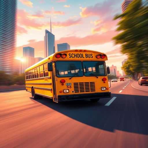 Create an illustration of a vibrant yellow school bus speeding down a city road at sunset, with motion blur to emphasize speed, shot with a DSLR camera at f/8, 1/500s, ISO 200, with a wide-angle lens to capture the city skyline in the background.