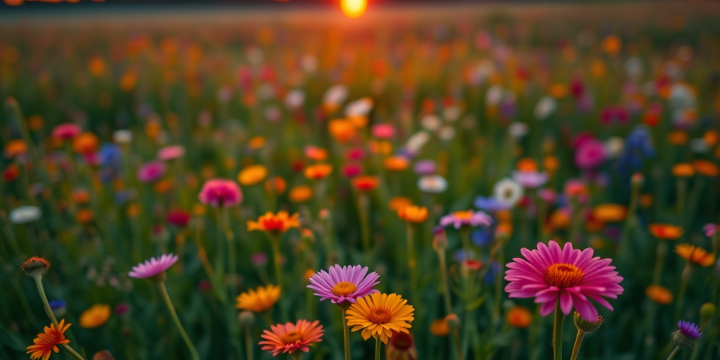 wildflower field at sunset, vibrant colors, with a soft focus effect, shot with a Canon EOS R5, 50mm lens, aperture f/1.8, ISO 100, high dynamic range, aerial view
