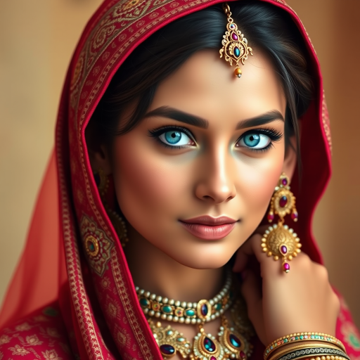 Create a portrait of a beautiful Pakistani woman with striking blue eyes and a gentle expression. She is adorned in traditional attire with intricate patterns, including a richly embroidered headscarf and matching garments. Her jewelry includes a delicate headpiece, dangling earrings, and ornate bracelets, all featuring vibrant gemstones and detailed metalwork. The background is soft and warm, enhancing the rich colors of her outfit and jewelry.