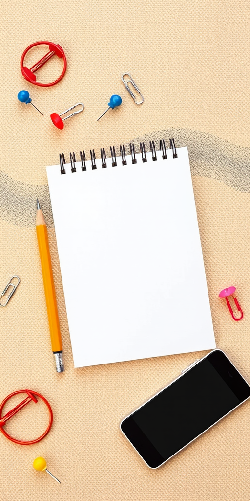 Create a vibrant workspace scene with stationery items like a notepad, pencil, phone, paper clips, push pins, and a blank sheet of paper arranged dynamically on a textured beige background, shot with a DSLR camera at f/4, ISO 100, 50mm lens, with a shallow depth of field and natural light for enhanced clarity and contrast.