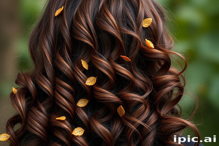 Luscious chocolate brown curls tumble down her back, interwoven with subtle caramel highlights and adorned with tiny golden leaf accents, creating a enchanting forest-inspired look.
