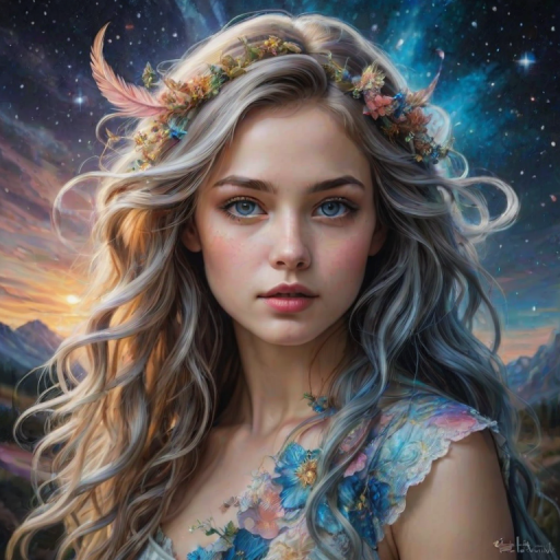 Create a series of imaginative portraits where each subject is infused with elements of fantasy and nature. The hair of the individuals should flow like clouds, varying from soft, fluffy cumulus to wispy cirrus strands, with hints of color reflecting a sunset or a clear blue sky. The eyes should be windows to entire galaxies, with stars, nebulae, and distant planets visible within them. Clothing should be adorned with nature motifs, such as floral patterns that bloom and change, vines that seem to grow and wrap around, or feathers that shimmer with iridescence. Each portrait should capture a unique personality, blending human features with the ethereal beauty of the natural and cosmic world. The backgrounds can vary, from starry night skies to enchanted forests, adding depth and context to the magical realism of the portraits