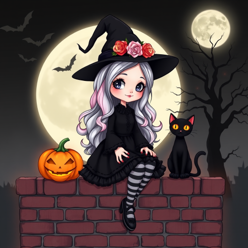 A cute, gothic-style cartoon of a young witch resembling Wednesday Addams sitting on a brick wall under a full moon. She has long wavy hair with silver, pink, and purple ombre highlights, and wears a classic black witch hat decorated with a pumpkin and roses. She is dressed in a black frilly dress with striped stockings and black shoes. A glowing Jack-o'-lantern sits beside her, and a black cat with glowing orange eyes is next to her. The background features a large moon, silhouetted bats, and a spooky tree, with a soft monochrome and slightly glowing effect, creating a magical Halloween atmosphere.