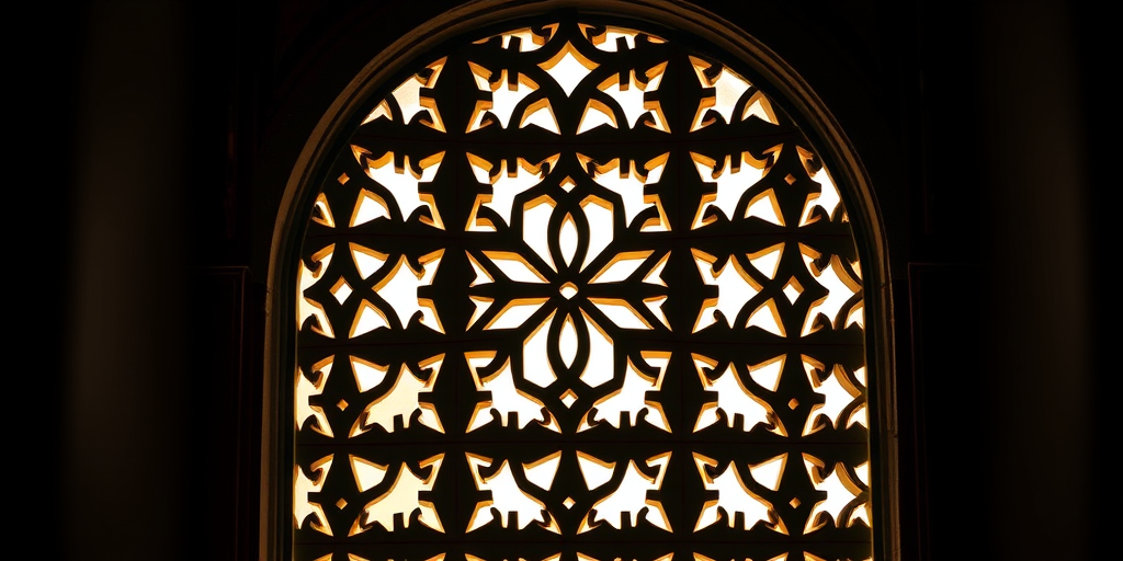 Regenerate the pattern of an intricate geometric lattice design in an arched window frame with a dark background, using a DSLR camera with a 50mm lens, aperture set to f/1.8, ISO 100, and a shallow depth of field for enhanced clarity and detail.