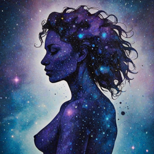 Captivating conceptual render alcohol ink art, double exposure, the paint strokes artfully merge combining a woman's full silhouette with a Cordial camel's silhouette. The figures are composed of a series of colored dots, lines & spots that evoke the image of a cosmic galaxy, colors are deep shades of blue purple & black with flashes of white & silver representing distant stars. The woman's silhouette is formed within the lion's silhouette from constellations of scattered stars, surreal