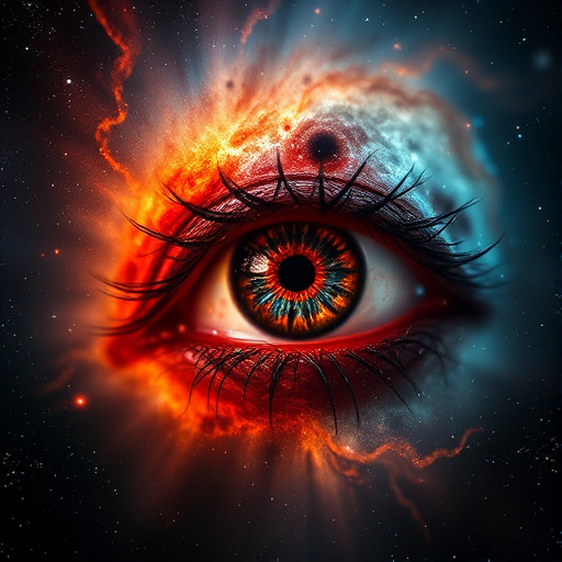 Create a detailed image of a cosmic nebula resembling an eye, with vibrant colors, high contrast, and intricate details, captured with a DSLR camera, 50mm lens, f/1.8 aperture, ISO 200, and a long exposure time of 30 seconds in a deep space setting.