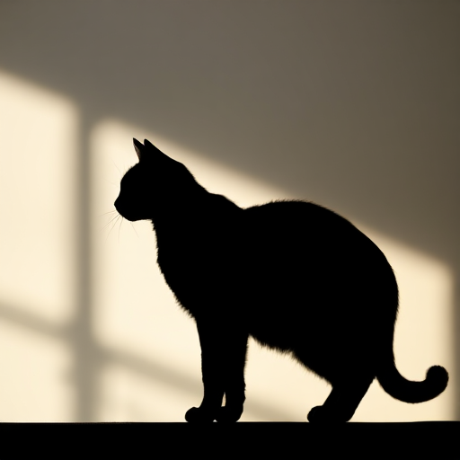 Capture a high-resolution image of a stylized black silhouette of a cat, using a DSLR camera with a 50mm lens, aperture f/1.8 for shallow depth of field, ISO 100 for minimal noise, and natural light from the left for soft shadows.