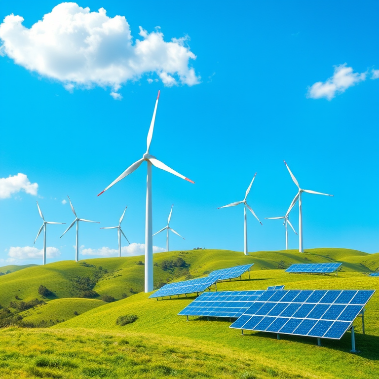 Generate a vibrant digital illustration of a renewable energy landscape featuring wind turbines and solar panels on green hills under a clear blue sky with fluffy clouds, use a wide-angle lens, f/8 aperture, ISO 100, and a 50mm DSLR camera to achieve high clarity and vivid colors.