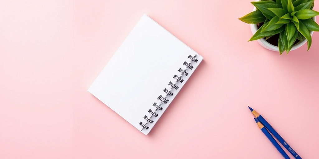 Create a flat lay image of a closed spiral notebook on a bright pastel background, captured with a 50mm lens at f/2.8, ISO 100, using a DSLR camera with natural lighting to enhance clarity and colors.