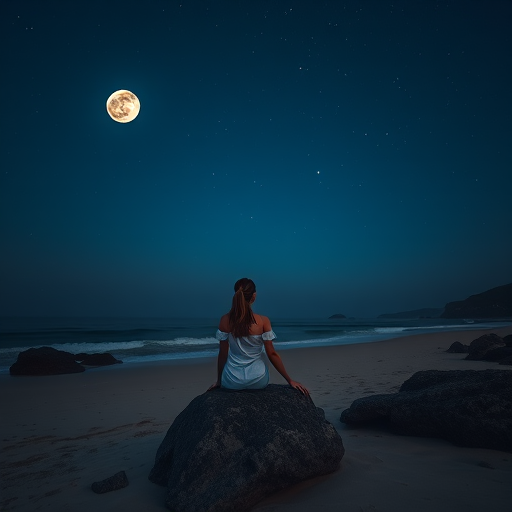 Create a serene beach scene at night with a young woman sitting on a rock, gazing at two moons and a starry sky, using a Canon EOS R5, 24mm lens, f/2.8, ISO 100, 1/125s, soft lighting, and vibrant colors for enhanced image quality.