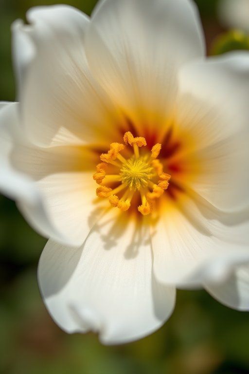 capture a close-up of a white flower with a yellow and red center, use a shallow depth of field, aperture f/2.8, ISO 100, shutter speed 1/200s, natural sunlight, DSLR camera, macro lens, focus on details and textures