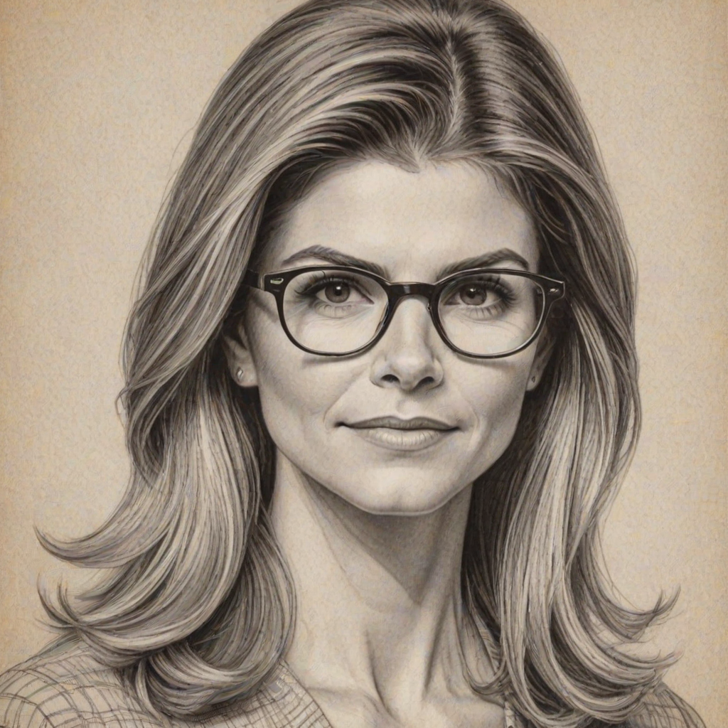 Enchanting Lori Loughlin, pencil sketch, portrait of Resplendent woman 1970s in glasses, hair style beatnik, outline, clear lines, fine lines, 8k