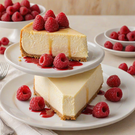Create a delicious cheesecake topped with bright red raspberry sauce and fresh raspberries. The cheesecake should have a smooth, creamy texture with a golden graham cracker crust. Present it on a decorative white cake stand, showcasing a slice that has been cut out, revealing the layers inside. The background should be simple and elegant to emphasize the dessert.