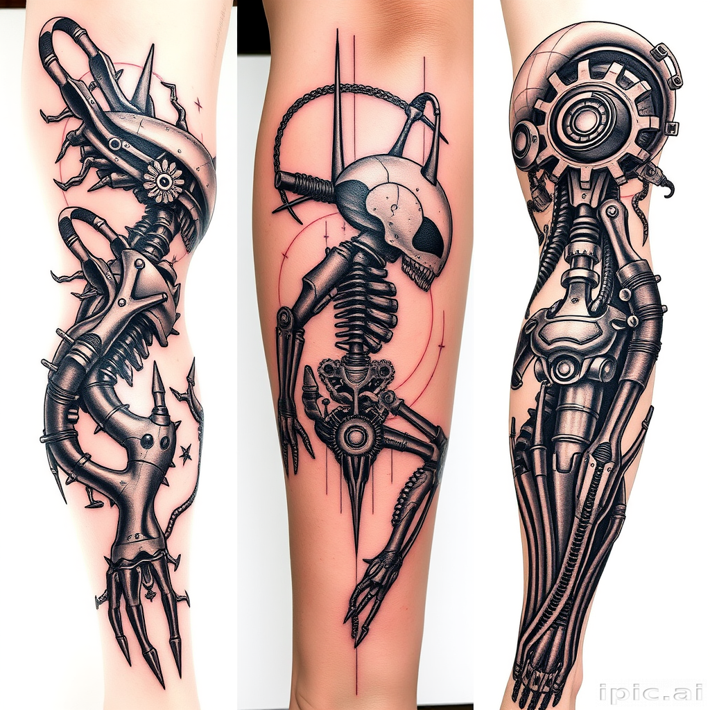 Biomechanical tattoo called "Cybernetic Evolution" blending organic forms with mechanical elements to create the illusion of exposed robotic parts beneath the skin, perfect for sleeve or leg designs