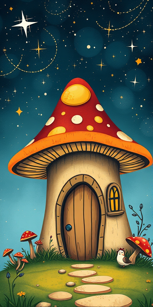 design illustration of a mushroom house with a door and a window, a storybook , fantasy art, mushroom house, bg starry sky, sparkles