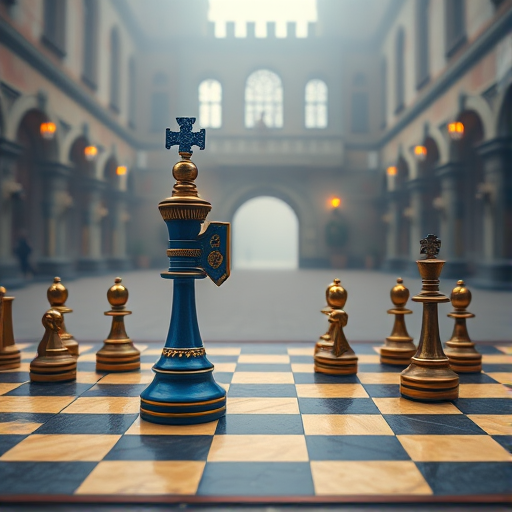 Generate a high-resolution image of a beautifully designed chessboard with ornate blue and gold knight pieces, set in a foggy, enchanting castle courtyard with soft warm lighting, using a Canon EOS R5, 50mm lens, aperture f/1.8, ISO 100, and a wide-angle perspective.