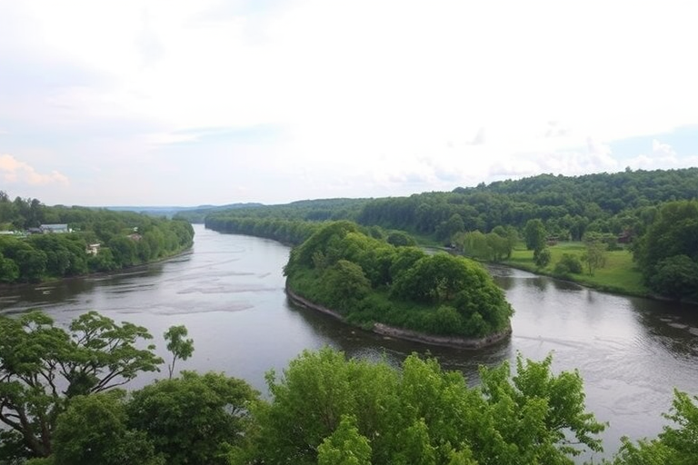 Regenerate a scenic river landscape with lush greenery, a mix of trees along the riverbanks, soft clouds in the sky, shot with a Canon EOS R5, 50mm lens, f/8 aperture, ISO 200, and a slight vignette for enhanced depth.