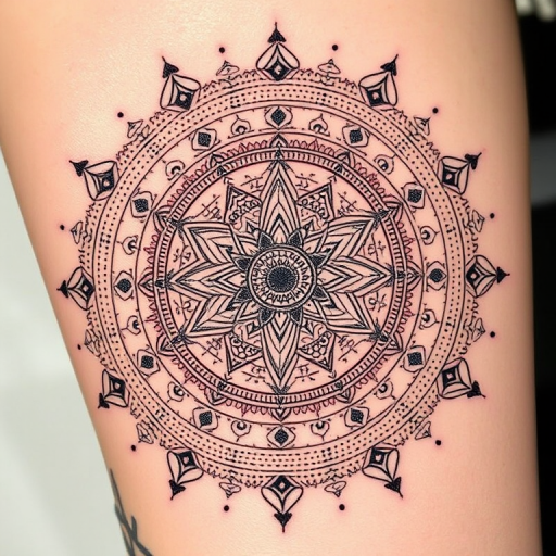 Intricate dotwork mandala tattoo named "Cosmic Harmony" featuring concentric circles and geometric patterns. Thousands of tiny dots create mesmerizing textures and gradients, giving the illusion of three-dimensionality. Sacred geometry symbols and celestial motifs are incorporated into the design, infusing it with spiritual significance.
