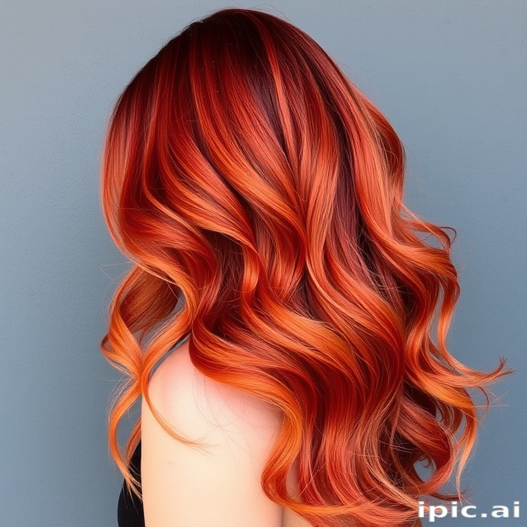 Radiant copper-red mermaid waves flowing past the waist, crafted by Autumn Ember, exhibiting a gradient effect from deep burgundy to bright tangerine, enhanced with subtle rose gold balayage and beachy textures