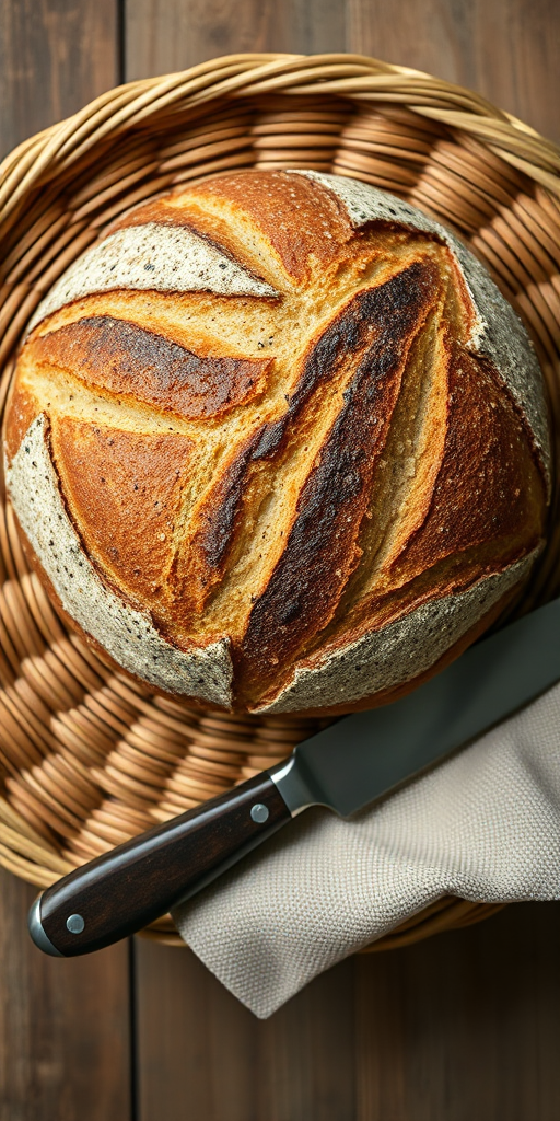 A freshly baked round loaf of artisan bread on a woven basket with a stainless steel knife beside it, shot with a Canon EOS 5D Mark IV, 50mm f/1.8 lens, aperture f/2.8, ISO 100, natural light, top-down view, soft focus background for enhanced depth.