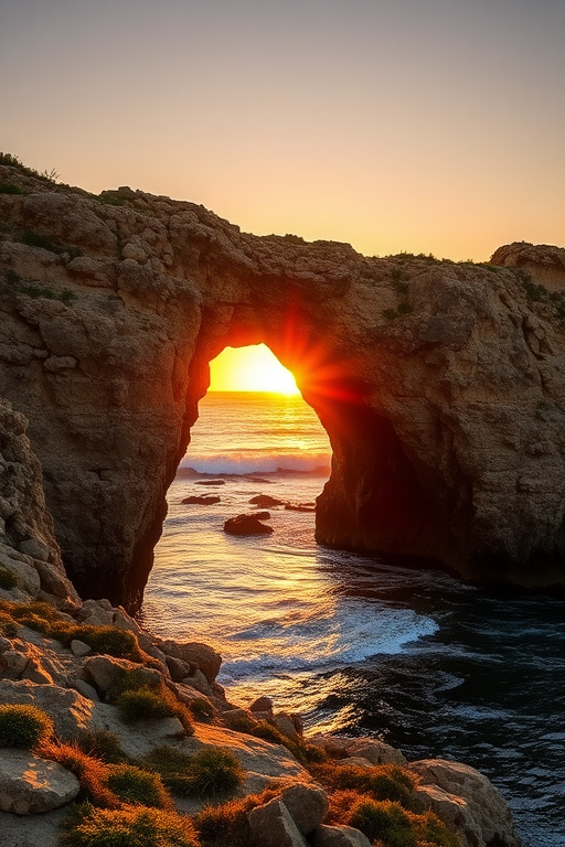 high-resolution image of a natural rock arch formation on the coast during golden hour, shot with a Canon EOS R5 at f/8, ISO 100, 24mm focal length, using a wide-angle lens to capture the landscape with vibrant colors and sharp details