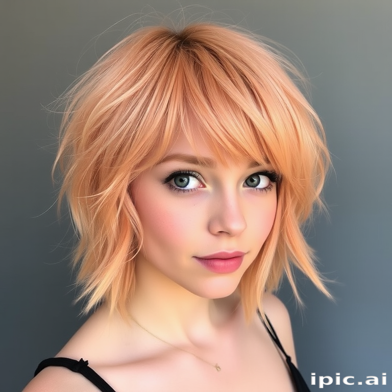 Charming peach-haired ingénue with a soft, face-framing shag cut featuring wispy bangs and textured layers